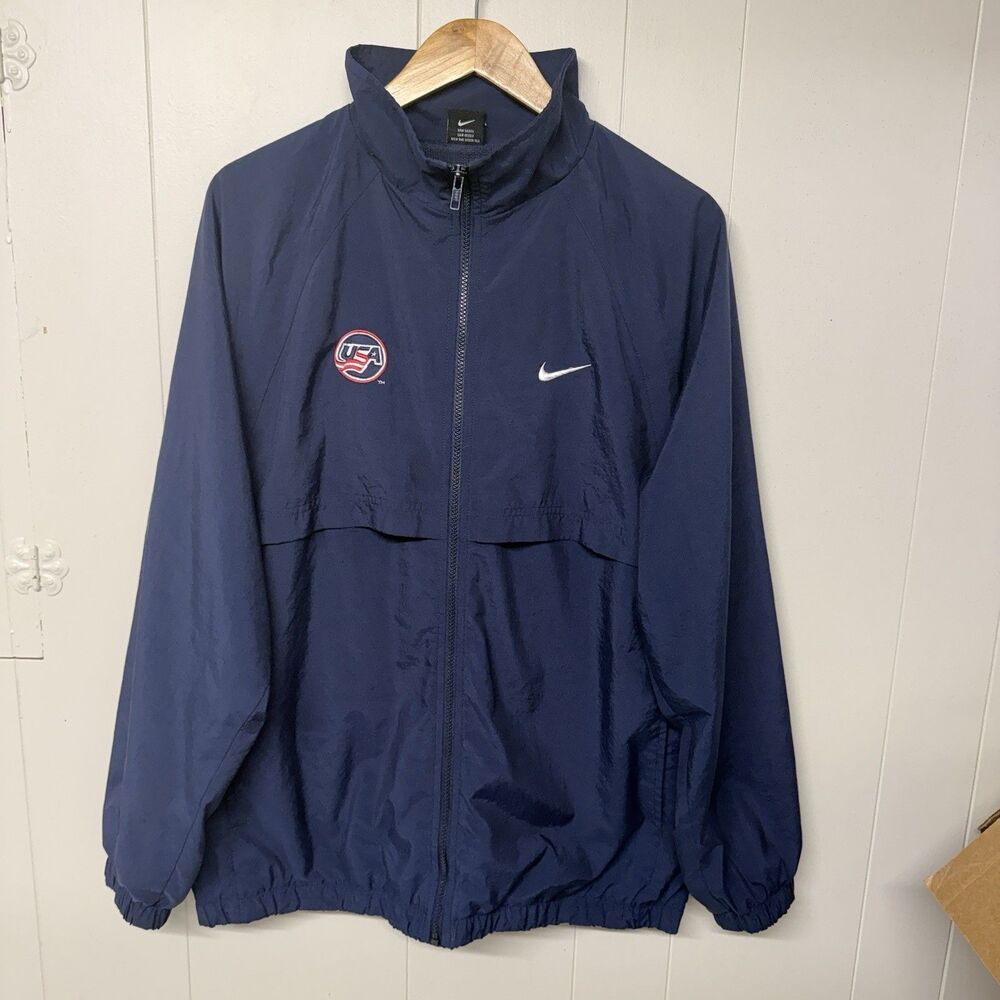 Vtg Nike USA Hockey Windbreaker Jacket Full Zip Mesh Lined Blue Men L EUC